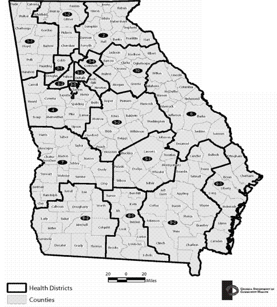 A map of Georgia with light grey lines showing counties and their